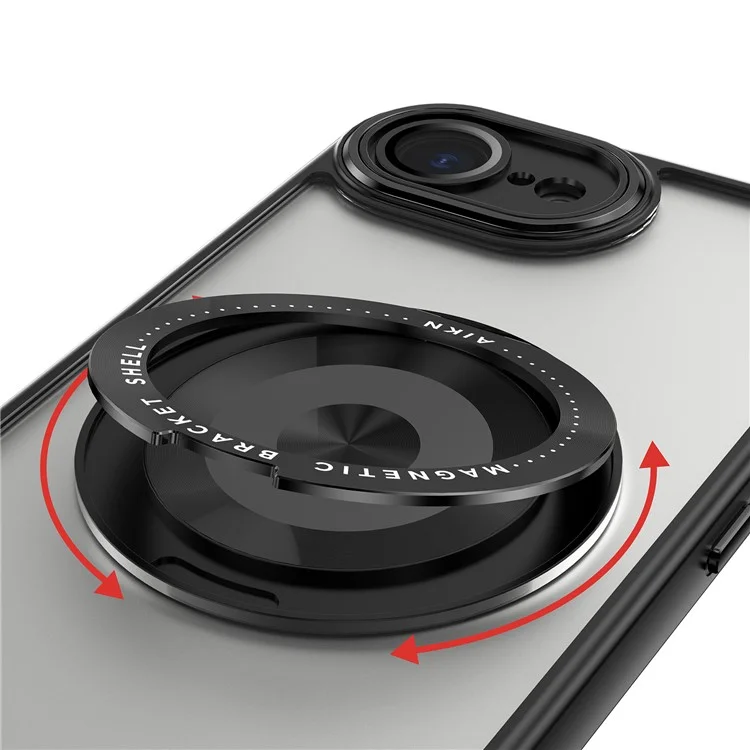 For iPhone 16e Magnetic Case PC + TPU Phone Cover with Rotating Metal Kickstand, Lens Protector - Black