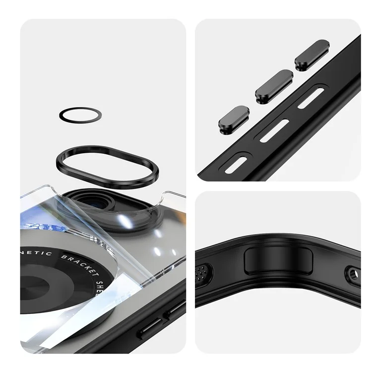 For iPhone 16e Magnetic Case PC + TPU Phone Cover with Rotating Metal Kickstand, Lens Protector - Black