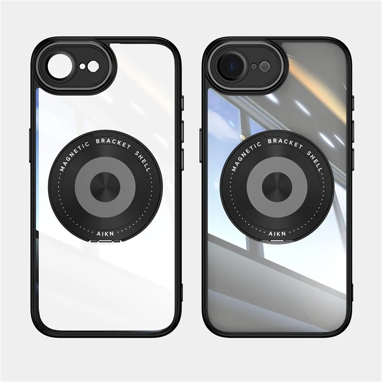 For iPhone 16e Magnetic Case PC + TPU Phone Cover with Rotating Metal Kickstand, Lens Protector - Black
