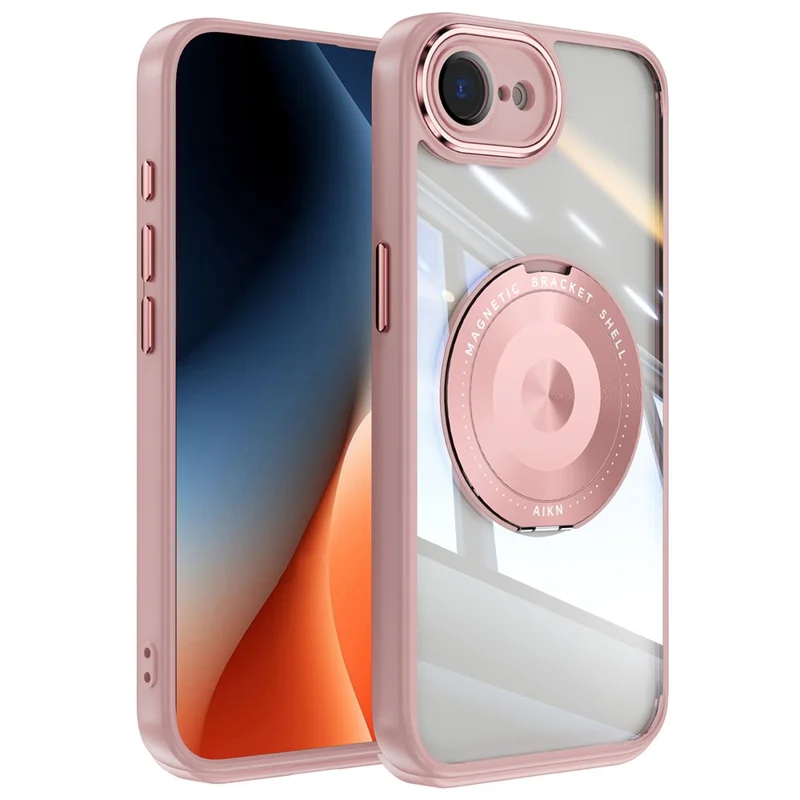 For iPhone 17e / 16e Magnetic Case PC + TPU Phone Cover with Rotating Metal Kickstand, Lens Protector - Pink