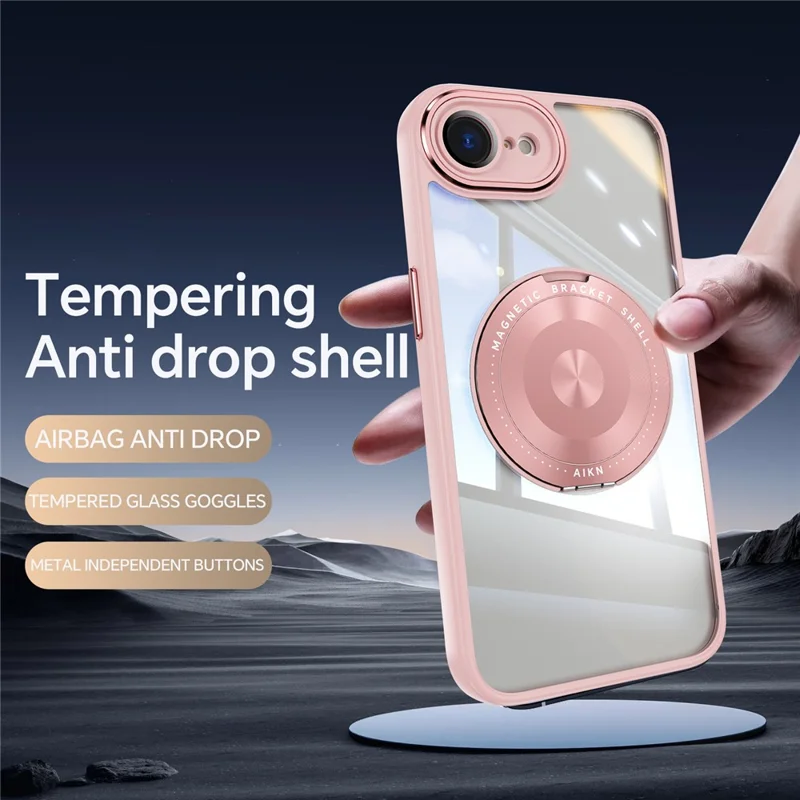 For iPhone 17e / 16e Magnetic Case PC + TPU Phone Cover with Rotating Metal Kickstand, Lens Protector - Pink