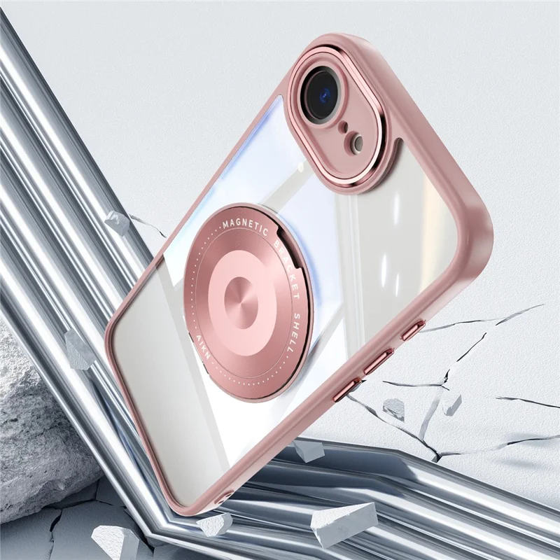For iPhone 17e / 16e Magnetic Case PC + TPU Phone Cover with Rotating Metal Kickstand, Lens Protector - Pink