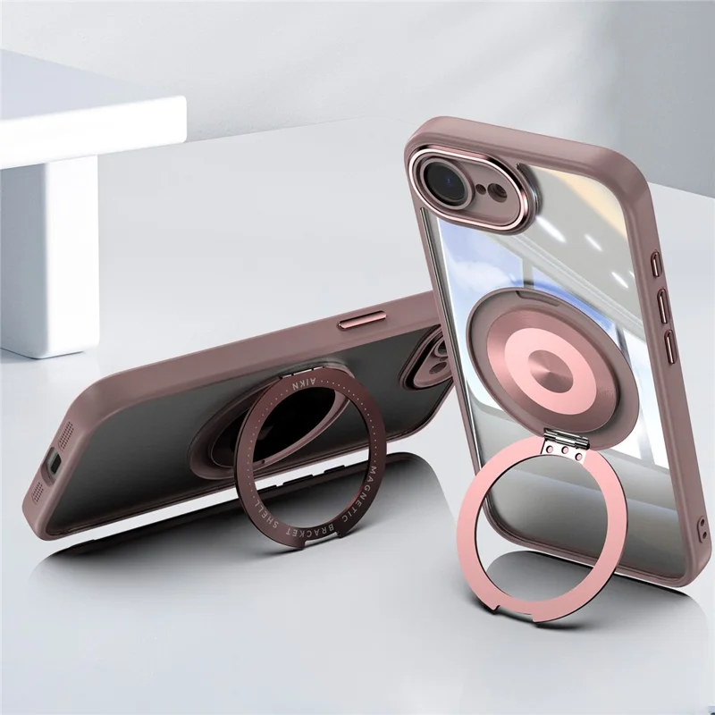 For iPhone 17e / 16e Magnetic Case PC + TPU Phone Cover with Rotating Metal Kickstand, Lens Protector - Pink