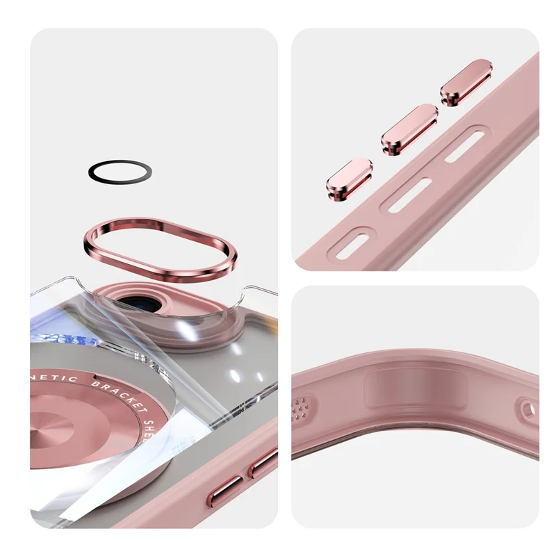 For iPhone 17e / 16e Magnetic Case PC + TPU Phone Cover with Rotating Metal Kickstand, Lens Protector - Pink