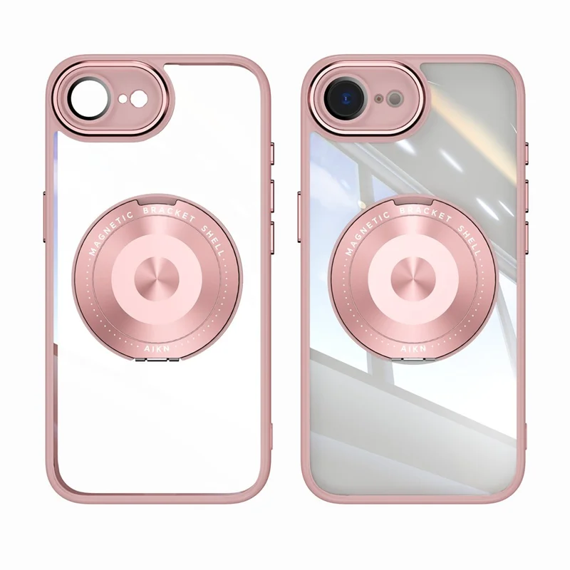 For iPhone 17e / 16e Magnetic Case PC + TPU Phone Cover with Rotating Metal Kickstand, Lens Protector - Pink