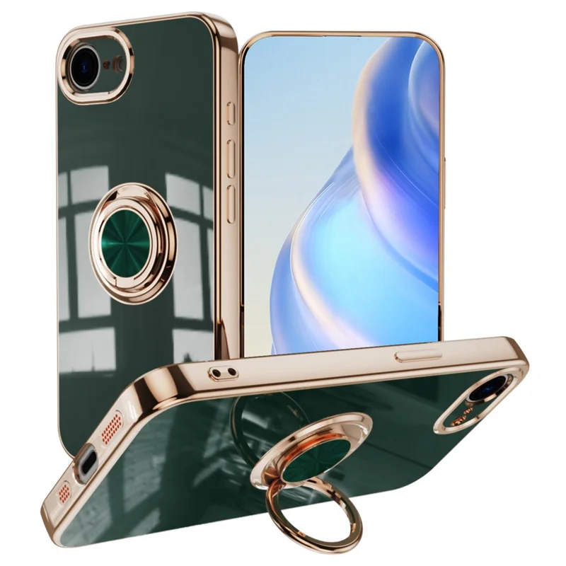 For iPhone 16e Case Precise Cutouts 6D Electroplating TPU Phone Cover with Ring Holder - Midnight Green