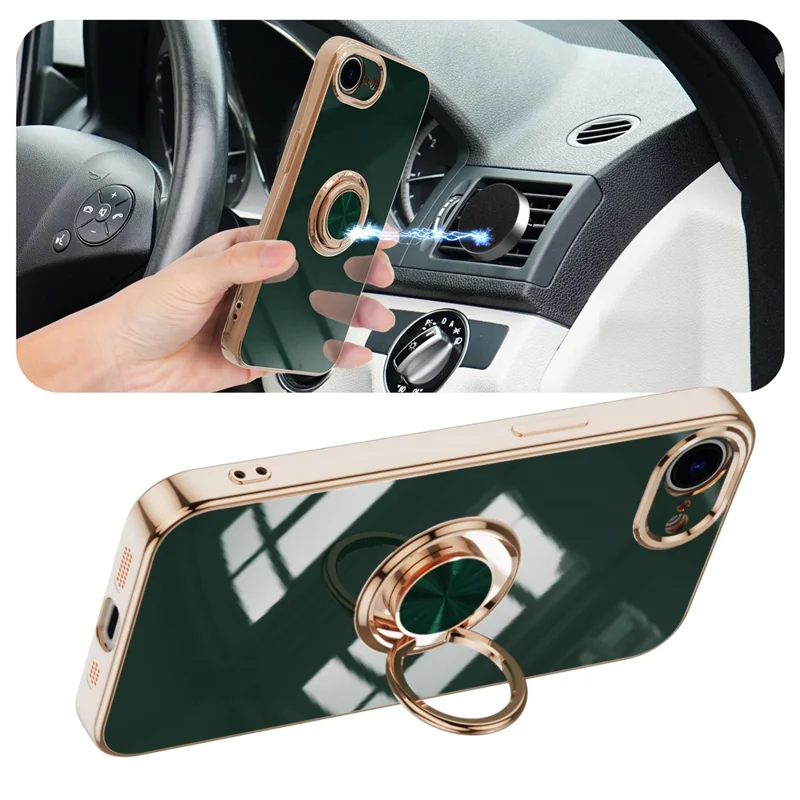 For iPhone 16e Case Precise Cutouts 6D Electroplating TPU Phone Cover with Ring Holder - Midnight Green