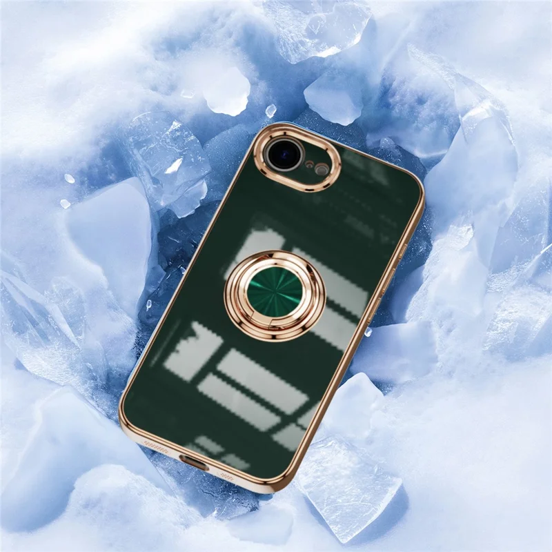 For iPhone 16e Case Precise Cutouts 6D Electroplating TPU Phone Cover with Ring Holder - Midnight Green