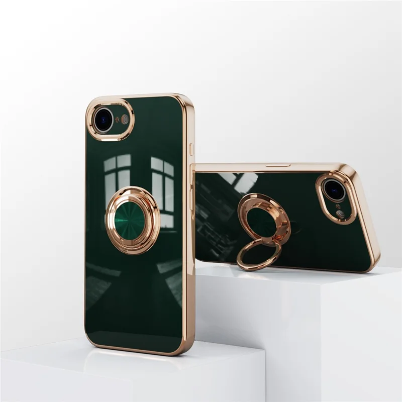 For iPhone 16e Case Precise Cutouts 6D Electroplating TPU Phone Cover with Ring Holder - Midnight Green