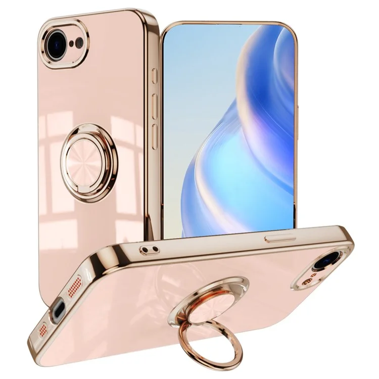 For iPhone 16e Case Precise Cutouts 6D Electroplating TPU Phone Cover with Ring Holder - Pink