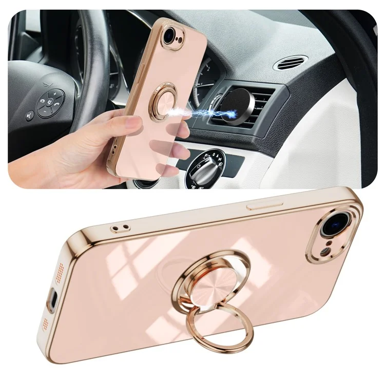 For iPhone 16e Case Precise Cutouts 6D Electroplating TPU Phone Cover with Ring Holder - Pink