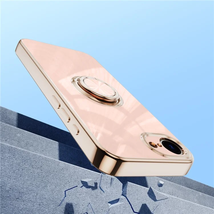 For iPhone 16e Case Precise Cutouts 6D Electroplating TPU Phone Cover with Ring Holder - Pink