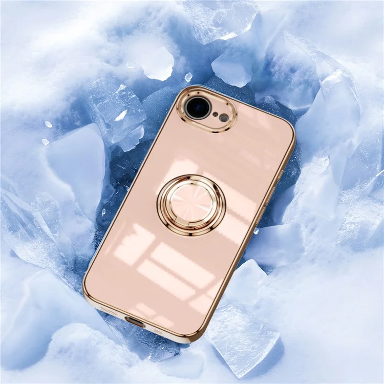 For iPhone 16e Case Precise Cutouts 6D Electroplating TPU Phone Cover with Ring Holder - Pink