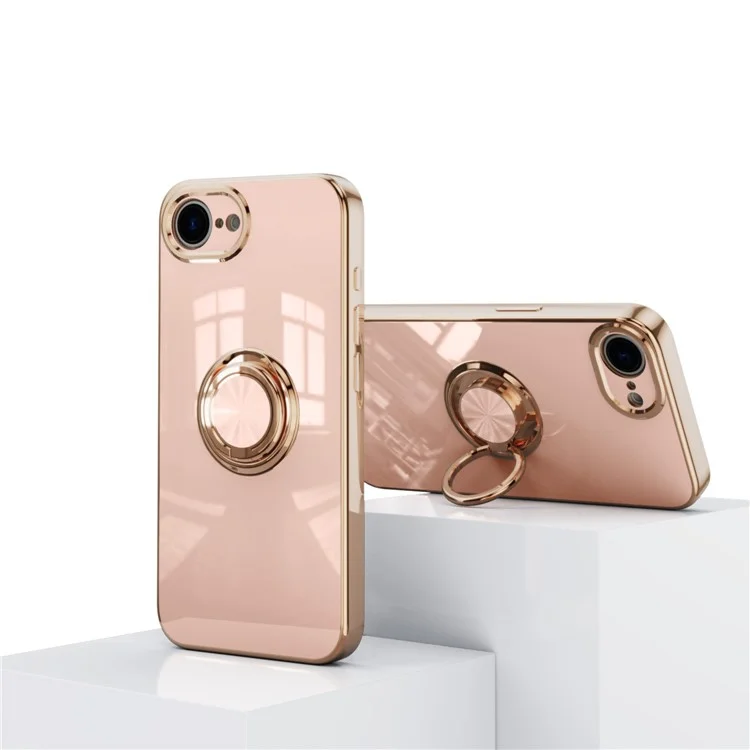 For iPhone 16e Case Precise Cutouts 6D Electroplating TPU Phone Cover with Ring Holder - Pink