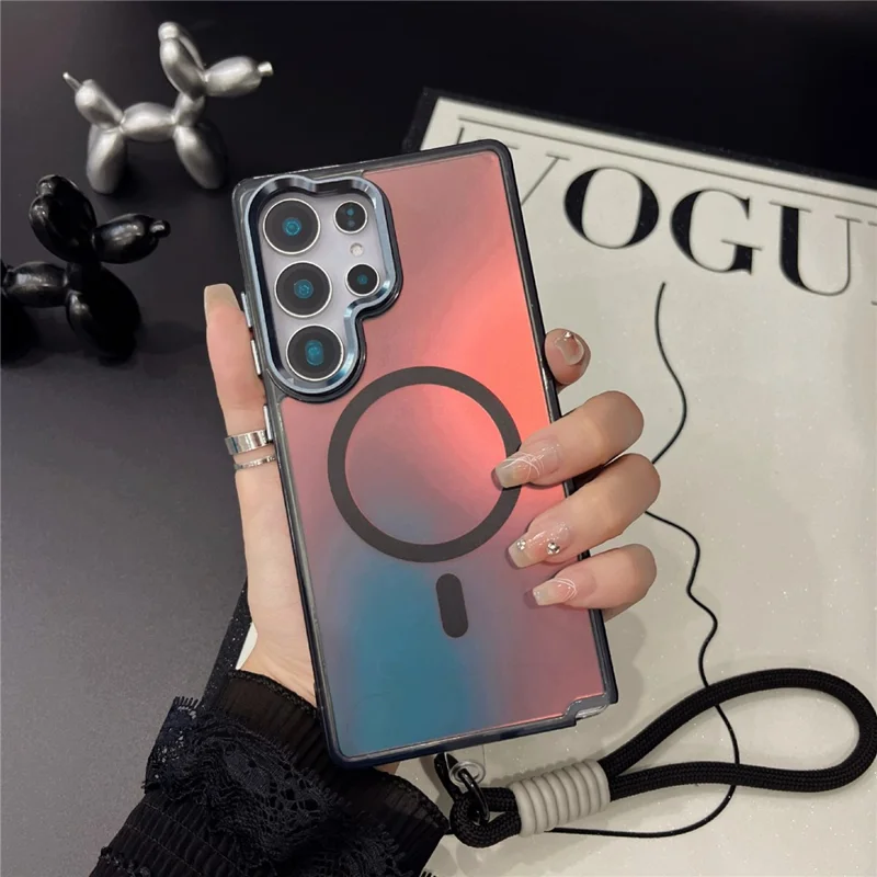 For Samsung Galaxy S25 Ultra Case Compatible with Magsafe Electroplated Laser TPU + PC Phone Cover with Wrist Strap - Colorful Black