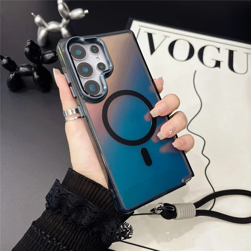 For Samsung Galaxy S25 Ultra Case Compatible with Magsafe Electroplated Laser TPU + PC Phone Cover with Wrist Strap - Colorful Black