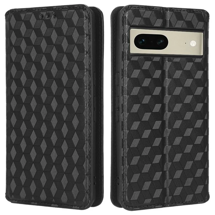 Para Google Pixel 7 5G Anti-scratch Phase Case Stand Magnetic Auto Cerrar el Patrón de Rombo Impreso PU PU Cubierta de Billetera Flip Flip - Negro