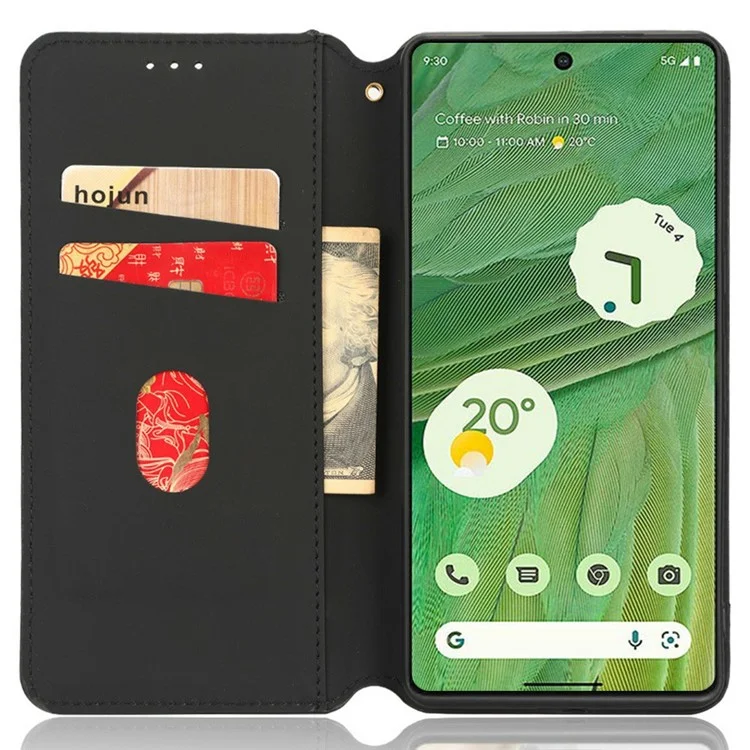 Para Google Pixel 7 5G Anti-scratch Phase Case Stand Magnetic Auto Cerrar el Patrón de Rombo Impreso PU PU Cubierta de Billetera Flip Flip - Negro