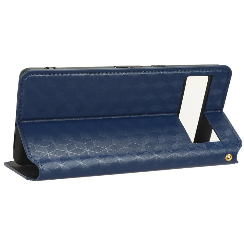 For Google Pixel 7 5G Anti-scratch Phone Case Stand Magnetic Auto Closing Imprinted Rhombus Pattern PU Leather Flip Wallet Cover - Blue