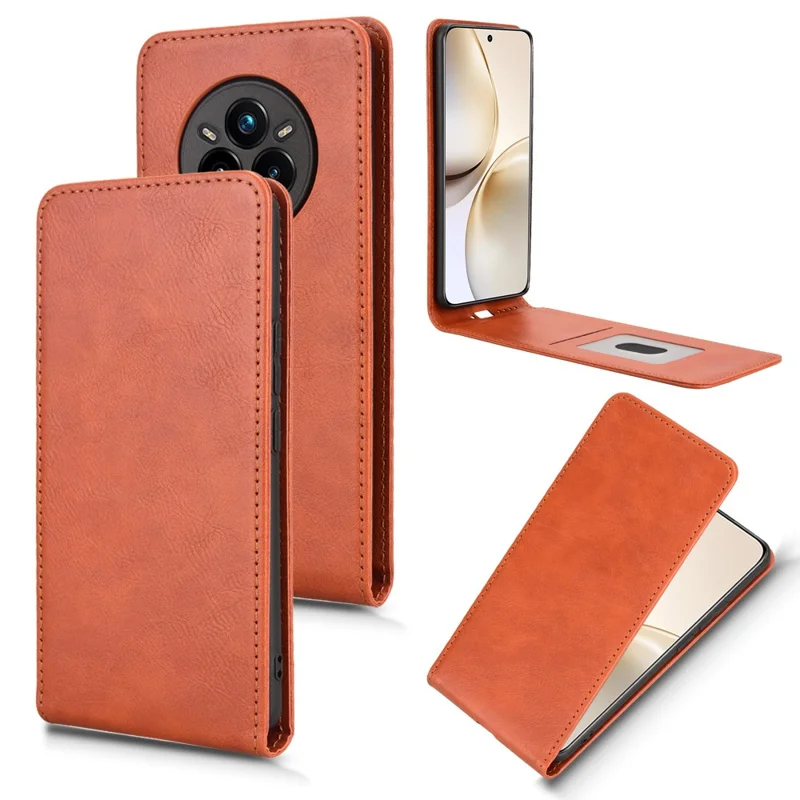 For Realme 14 Pro+ 5G Case with Card Slot Magnetic Vertical Flip Leather Phone Cover - Orange