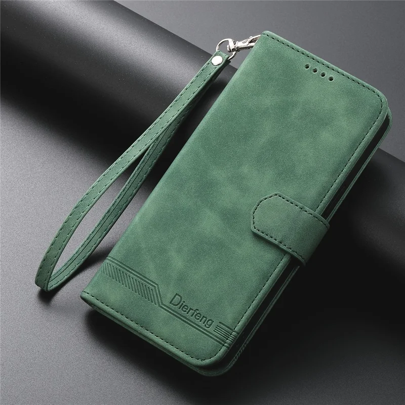 DIERFENG DF-03 Étui Portefeuille en Cuir avec Lignes Imprimées pour Realme 14 Pro 5G - Vert