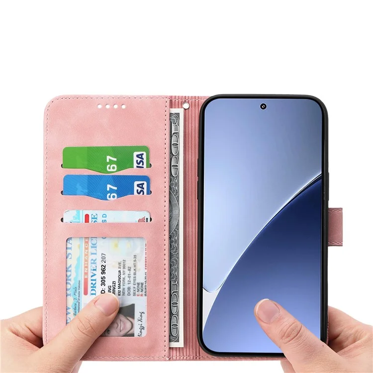 DIERFENG DF-03 Кожаный чехол-кошелек с тиснением линий для Xiaomi 15 Ultra - Розовый