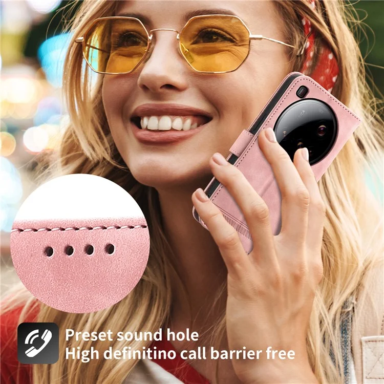DIERFENG DF-03 Кожаный чехол-кошелек с тиснением линий для Xiaomi 15 Ultra - Розовый