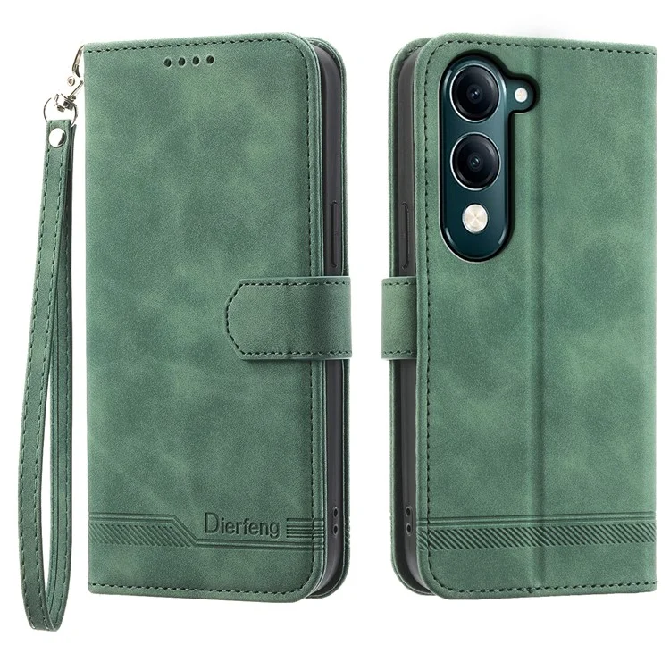 DIERFENG DF-03 Кожаный чехол-кошелек с тиснением линий для vivo Y04 4G / Y29s 5G - Зеленый