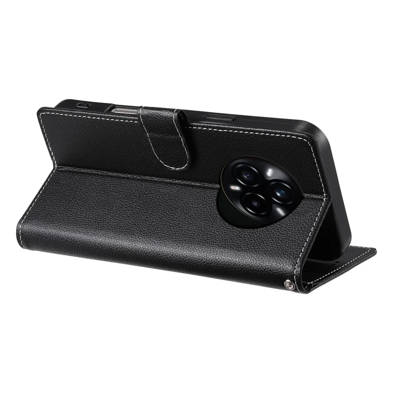 For Realme 14 Pro+ 5G Stand Case Litchi Texture Leather Wallet Phone Cover Magnetic Snap - Black