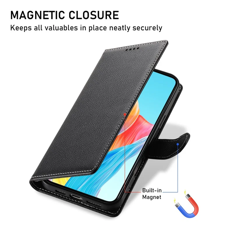 For Realme 14 Pro+ 5G Stand Case Litchi Texture Leather Wallet Phone Cover Magnetic Snap - Black