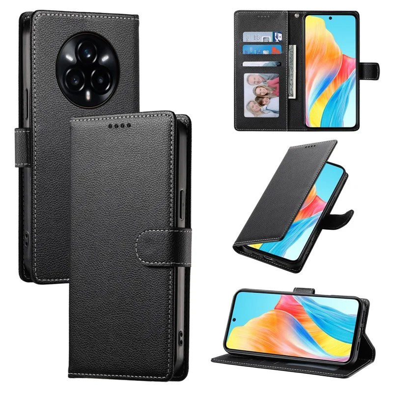 For Realme 14 Pro+ 5G Stand Case Litchi Texture Leather Wallet Phone Cover Magnetic Snap - Black
