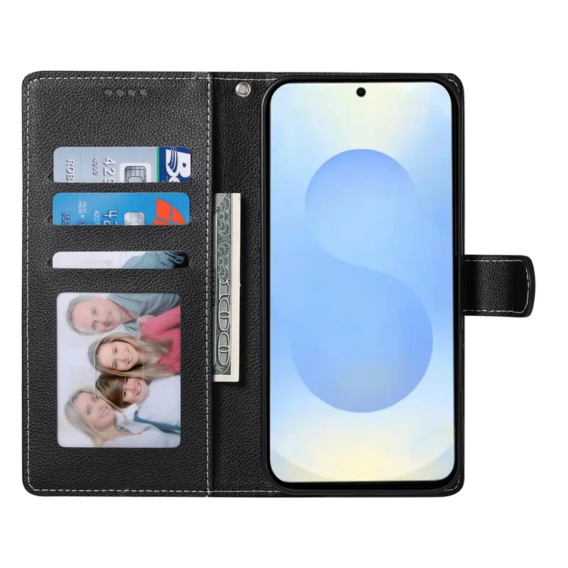 For Samsung Galaxy S25 Edge Stand Case Litchi Texture Leather Wallet Phone Cover Magnetic Snap - Black