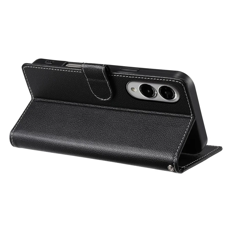 For Samsung Galaxy S25 Edge Stand Case Litchi Texture Leather Wallet Phone Cover Magnetic Snap - Black