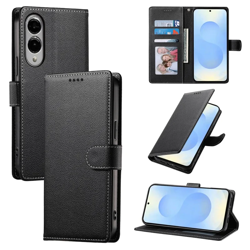 For Samsung Galaxy S25 Edge Stand Case Litchi Texture Leather Wallet Phone Cover Magnetic Snap - Black