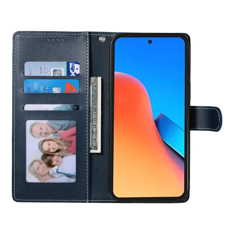 Para Xiaomi Poco X7 Pro 5G / Redmi Turbo 4 5G Funda con Soporte Tipo Cartera de Cuero con Textura de Cuero de Lichi - Azul Oscuro