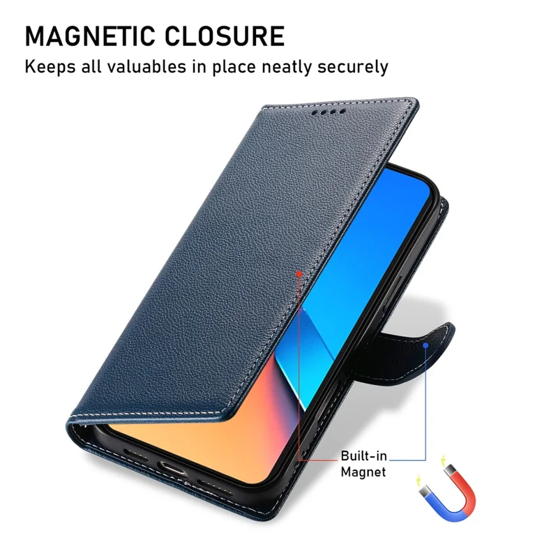 Para Xiaomi Poco X7 Pro 5G / Redmi Turbo 4 5G Funda con Soporte Tipo Cartera de Cuero con Textura de Cuero de Lichi - Azul Oscuro