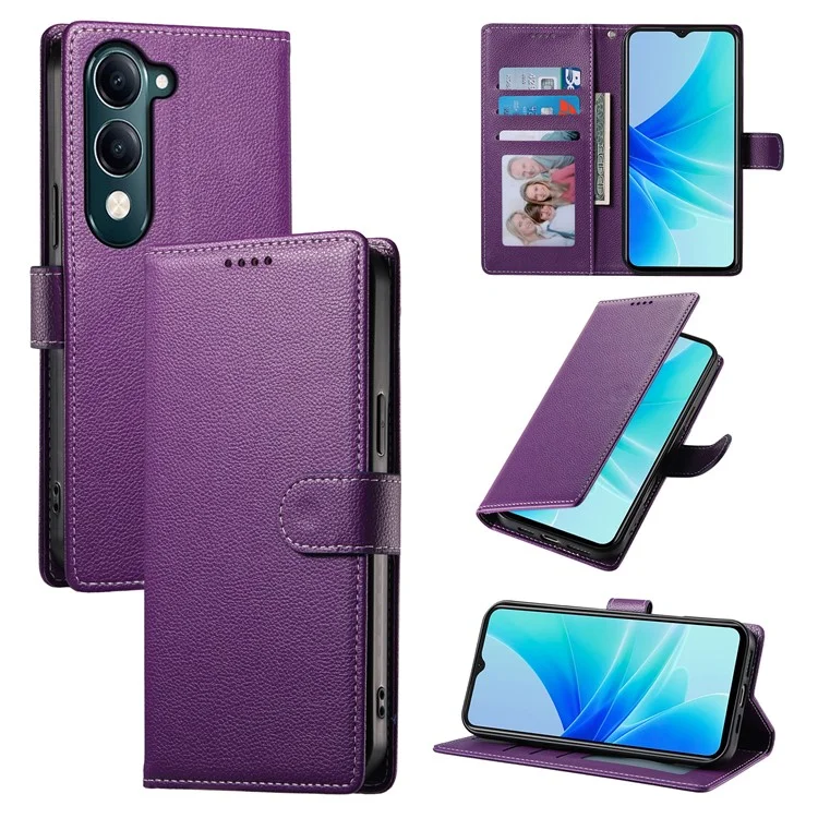 Capa para vivo Y04 4G / Y29s 5G com Suporte Estilo Couro de Lichia Carteira para Celular com Fechamento Magnético - Roxa
