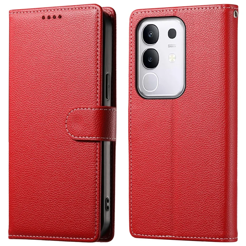 For vivo Y29 4G Stand Case Litchi Texture Leather Wallet Phone Cover Magnetic Snap - Red