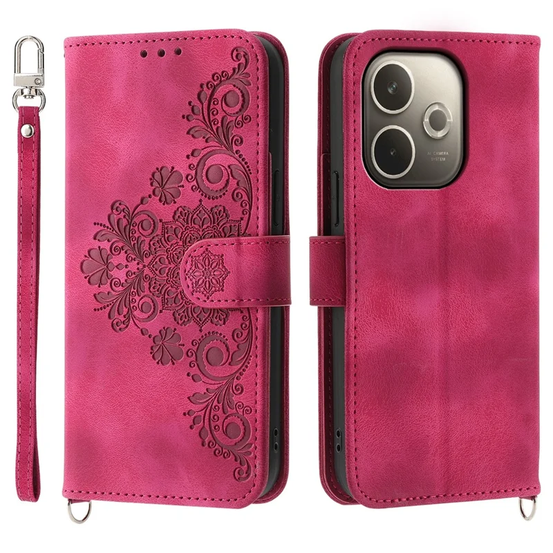 Capa para Oppo A5 Pro 5G com Padrão Floral, Carteira de Couro PU com Alça - Vermelho Vinho