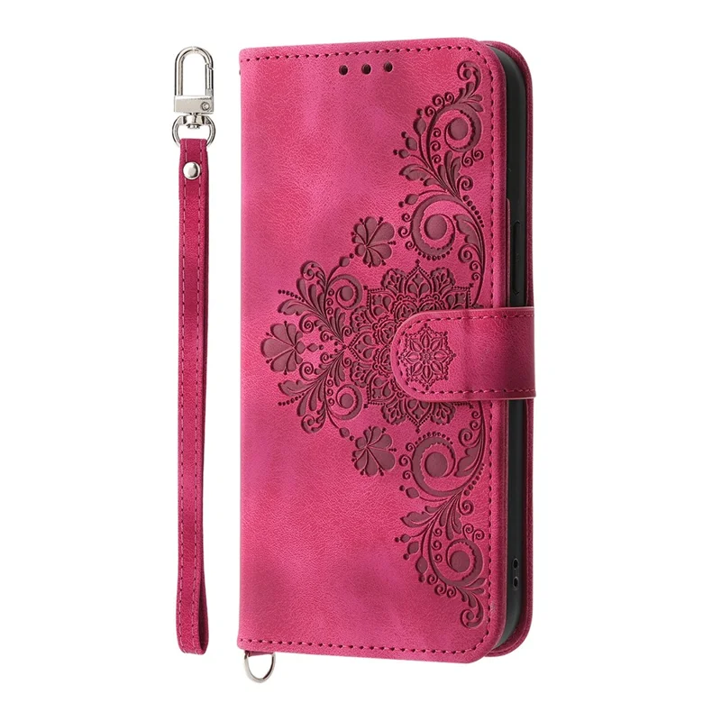 Capa para Oppo A5 Pro 5G com Padrão Floral, Carteira de Couro PU com Alça - Vermelho Vinho