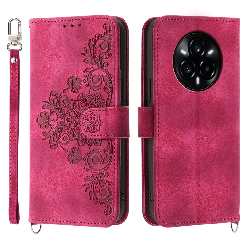 Voor Realme 14 Pro 5G hoesje met bloemenpatroon PU lederen portemonnee telefoonhoes met draagkoord - Wijnrood