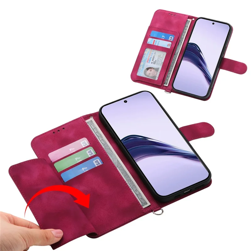 Voor Realme 14 Pro 5G hoesje met bloemenpatroon PU lederen portemonnee telefoonhoes met draagkoord - Wijnrood