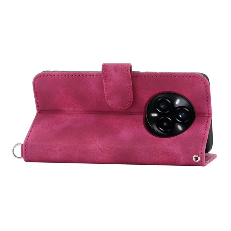 Voor Realme 14 Pro 5G hoesje met bloemenpatroon PU lederen portemonnee telefoonhoes met draagkoord - Wijnrood