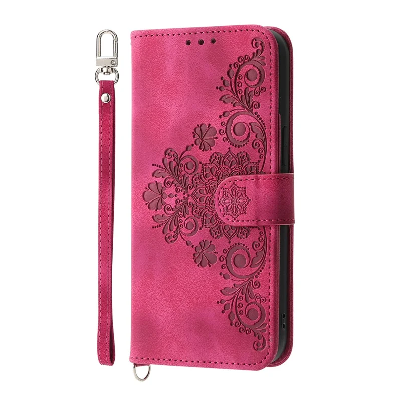 Voor Realme 14 Pro 5G hoesje met bloemenpatroon PU lederen portemonnee telefoonhoes met draagkoord - Wijnrood