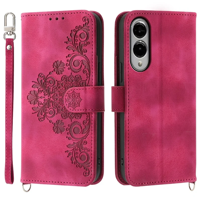 Capa de Couro Carteira com Padrão Floral para Samsung Galaxy S25 Edge - Vermelho Vinho com Alça