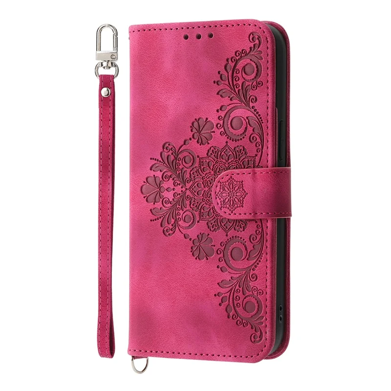 Capa de Couro Carteira com Padrão Floral para Samsung Galaxy S25 Edge - Vermelho Vinho com Alça