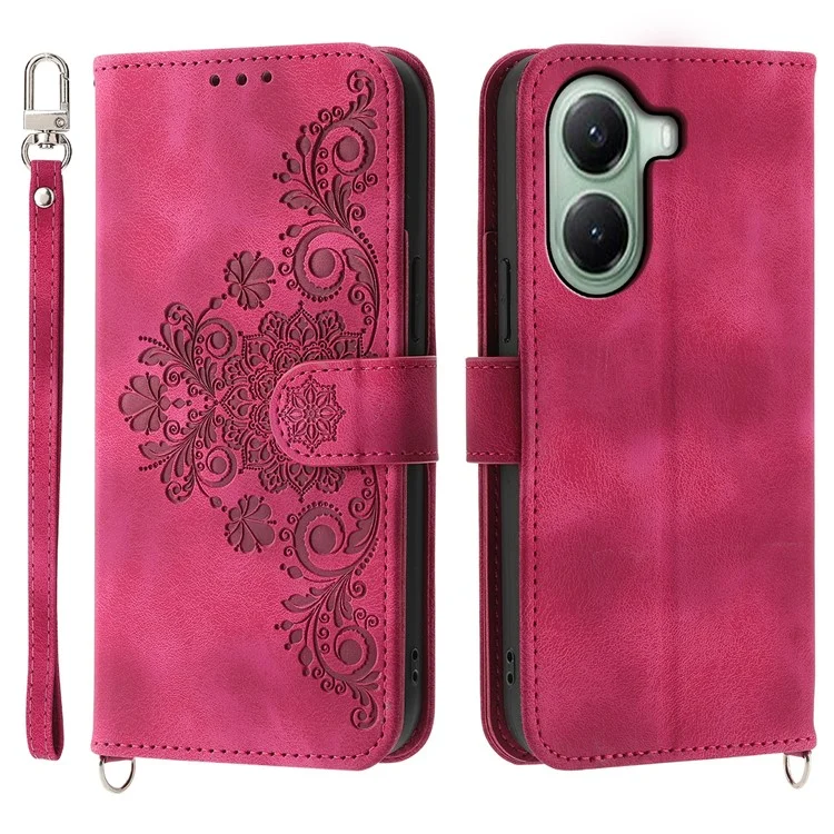 Capa para Xiaomi Poco X7 Pro 5G / Redmi Turbo 4 5G com Padrão Floral em Couro Sintético com Carteira e Alça - Vinho Tinto