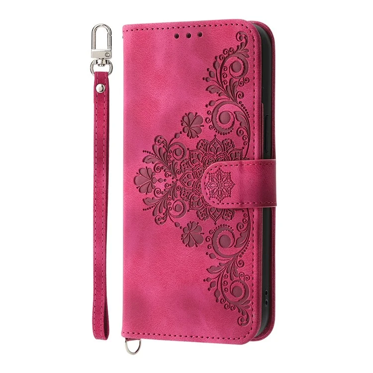 Capa para Xiaomi Poco X7 Pro 5G / Redmi Turbo 4 5G com Padrão Floral em Couro Sintético com Carteira e Alça - Vinho Tinto