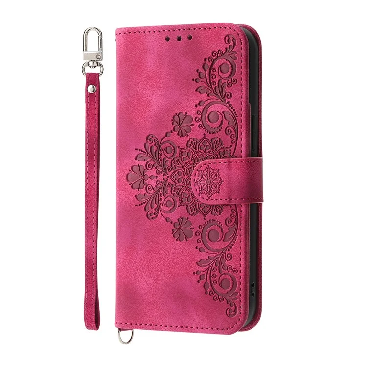 Pour vivo Y04 4G / Y29s 5G Étui Motif floral Portefeuille en cuir PU avec Sangle - Vin rouge