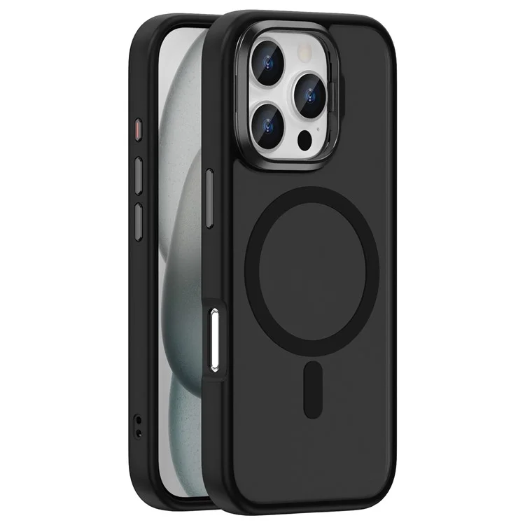 Чехол для iPhone 16 Pro Max с магнитной поддержкой противоударный TPU + PC с рамкой для объектива и подставкой - Черный